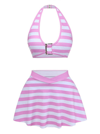 [Prévente] Ensemble Bikini Dos-Nu Rayé à Volants Rose Pâle Années 1950 2