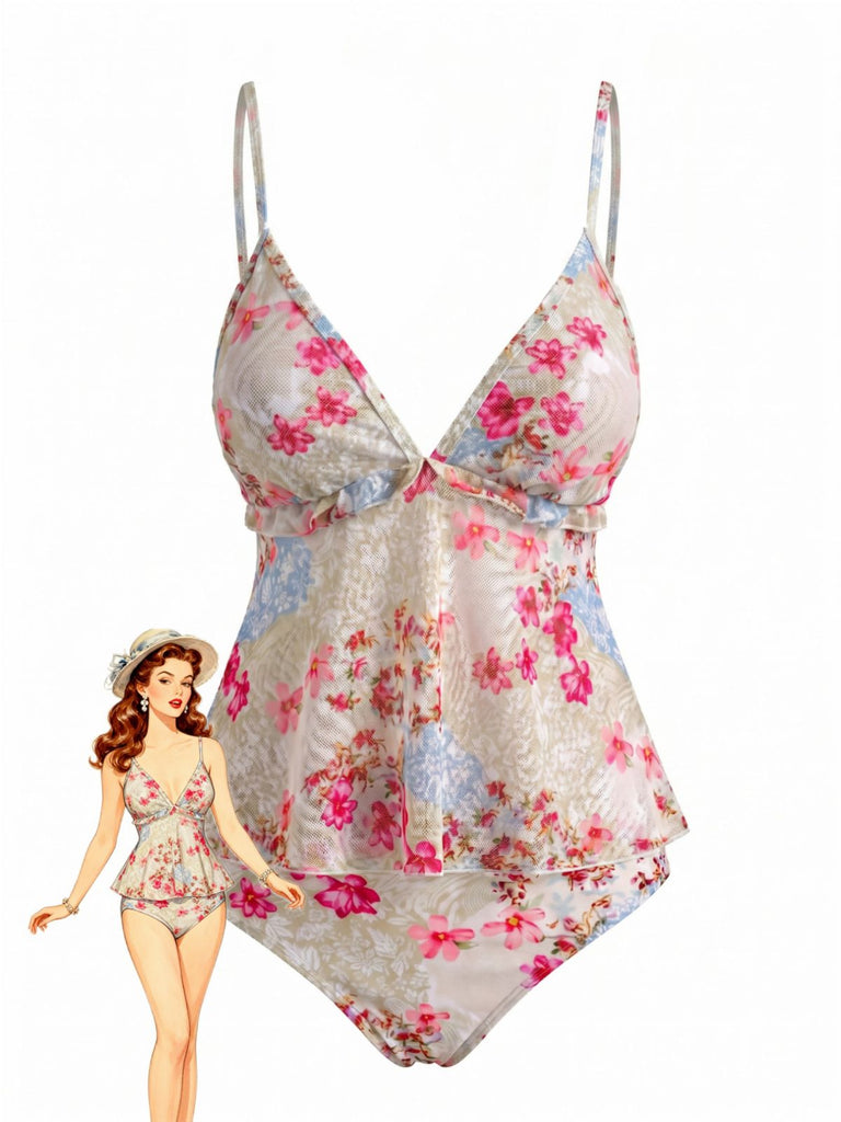 Ensemble Tankini Floral Bretelles Fines à Volants Péplum Patchwork Rose Années 1930