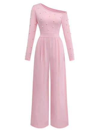 Sophisticated vintage-style long sleeve jumpsuit featuring asymmetric one-shoulder design and pearl details, ideal for evening occasions and formal gatherings