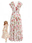 Robe Col V à Manches Volantées Imprimé Tulipe Rose Années 40