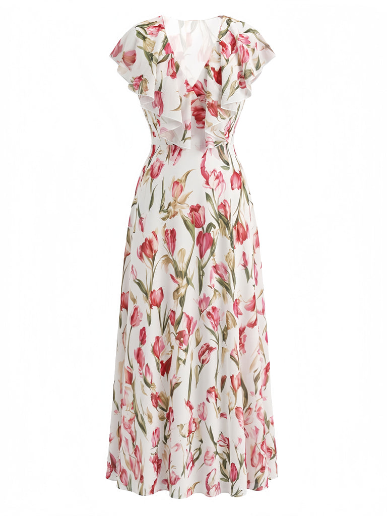 Robe Col V à Manches Volantées Imprimé Tulipe Rose Années 40