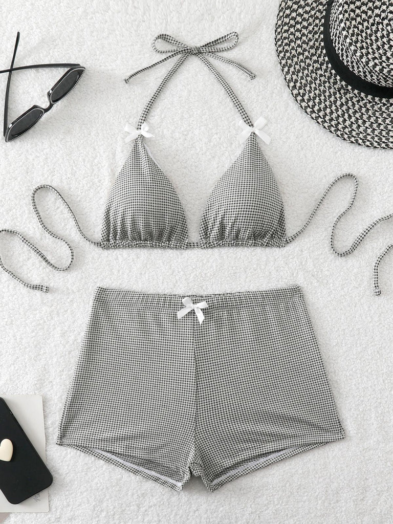 Ensemble Bikini Taille Haute à Carreaux avec Nœud Rose Années 50