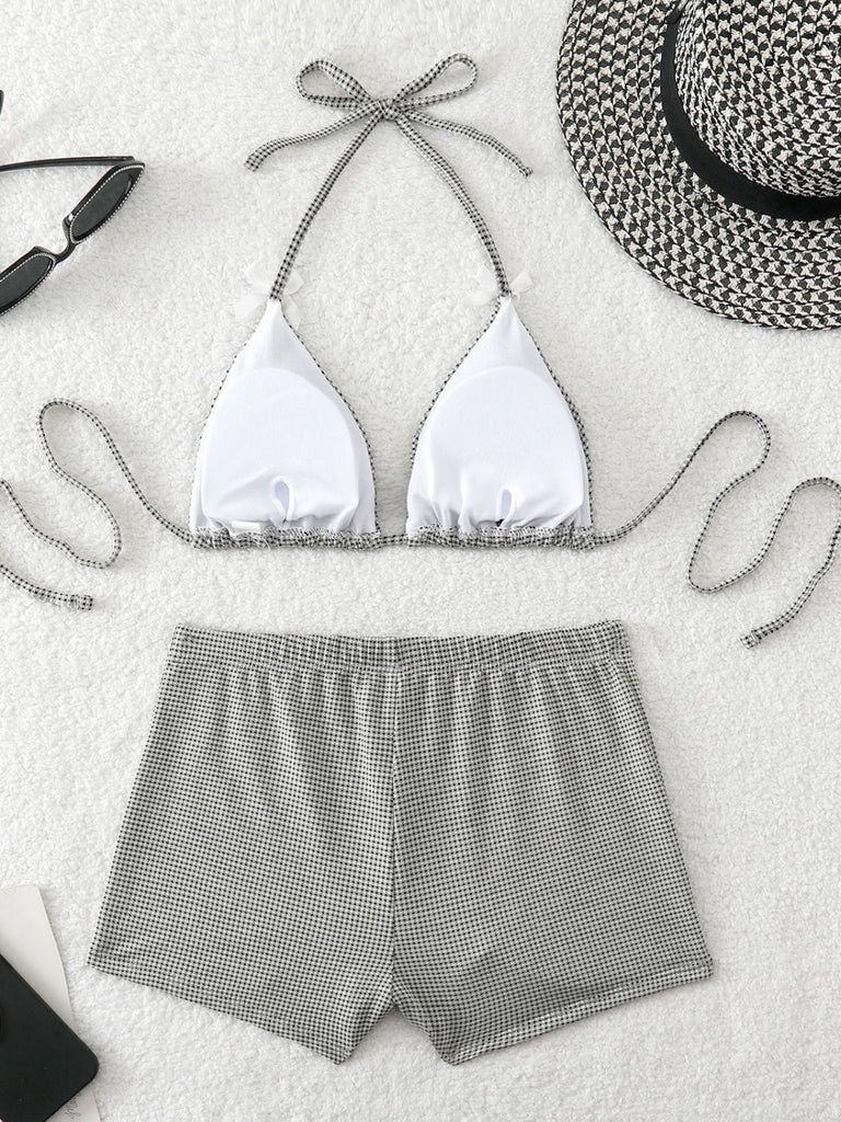 Ensemble Bikini Taille Haute à Carreaux avec Nœud Rose Années 50