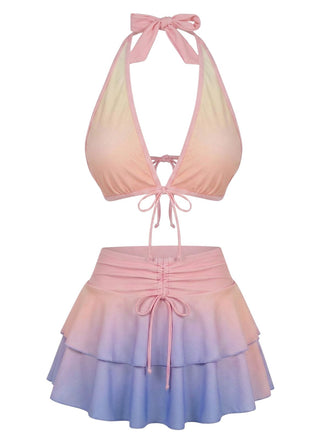 [Prévente] Ensemble Bikini Dos-Nu à Volants Dégradé Pastel Rose Années 1950 2