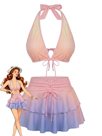 [Prévente] Ensemble Bikini Dos-Nu à Volants Dégradé Pastel Rose Années 1950