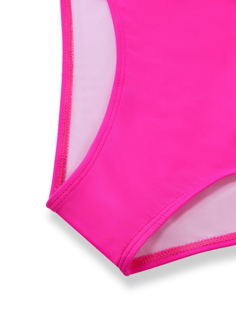 Close-up of a bright pink swimsuit top with white mesh panels on a white background