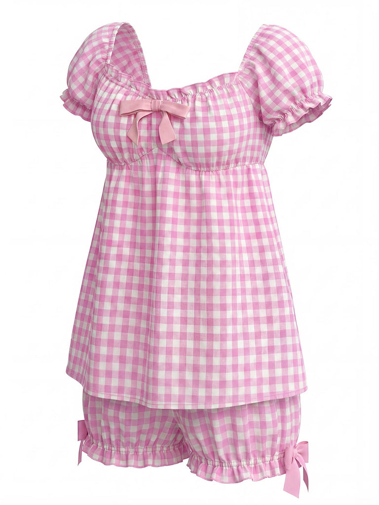 Ensemble Pyjama Vichy à Volants et Nœud Rose Années 1960