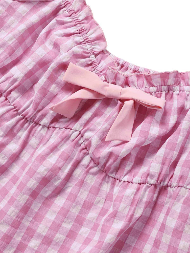 Ensemble Pyjama Vichy à Volants et Nœud Rose Années 1960