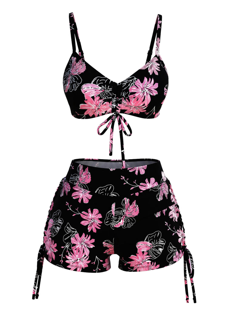 Florale Imprimée Cordon Ensemble Bikini Noir & Rose Années 1940 2