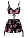 Florale Imprimée Cordon Ensemble Bikini Noir & Rose Années 1940 2