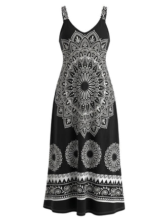[Grande Taille] Noir Col en V Bride Bohème Robe Années 1970 2