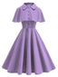 2PCS Robe trapèze violette revers unis et cape assortie années 50