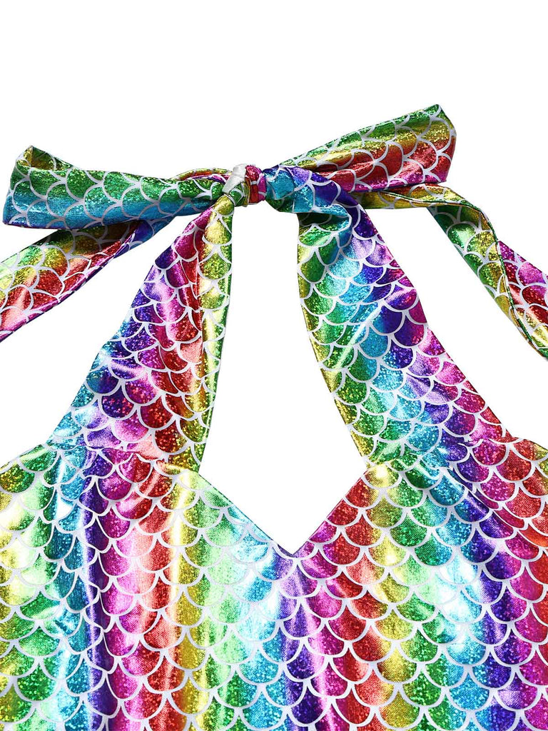 [Prévente] Robe Moulante Sirène Halter Métallisée à Franges Arc-en-ciel Années 80