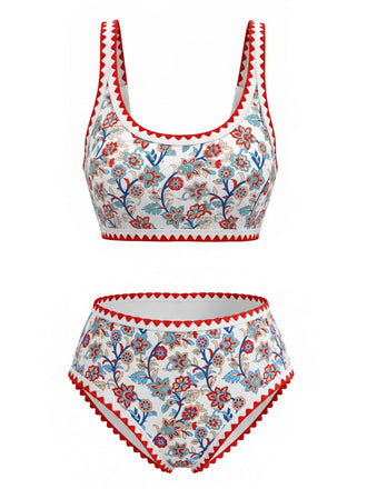 Ensemble Tankini Col U Floral Bordure Zigzag Rouge Années 1950 2