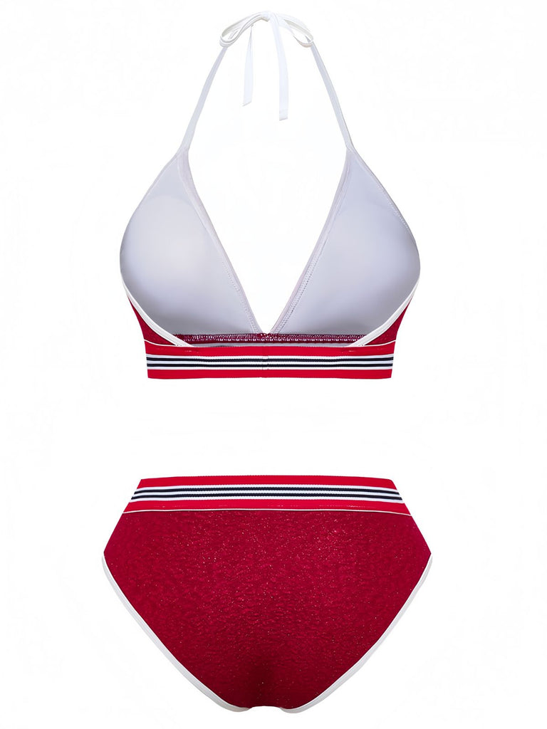 Ensemble Bikini Halter Taille Haute Pailleté Rouge Années 80