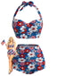 [Prévente] Ensemble bikini dos nu motif floral rouge bleu et blanc années 1950