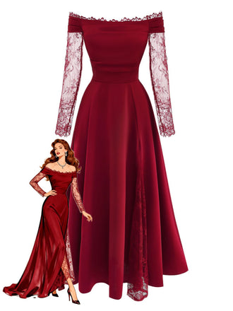Robe bordeaux épaules dénudées manches longues en dentelle