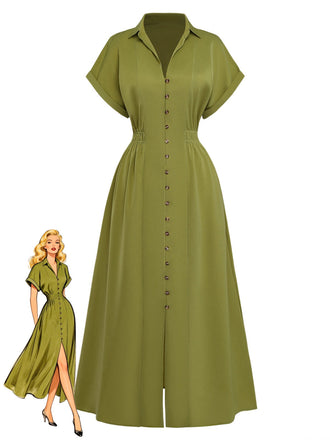 Robe verte à manches courtes et boutons sur fond blanc