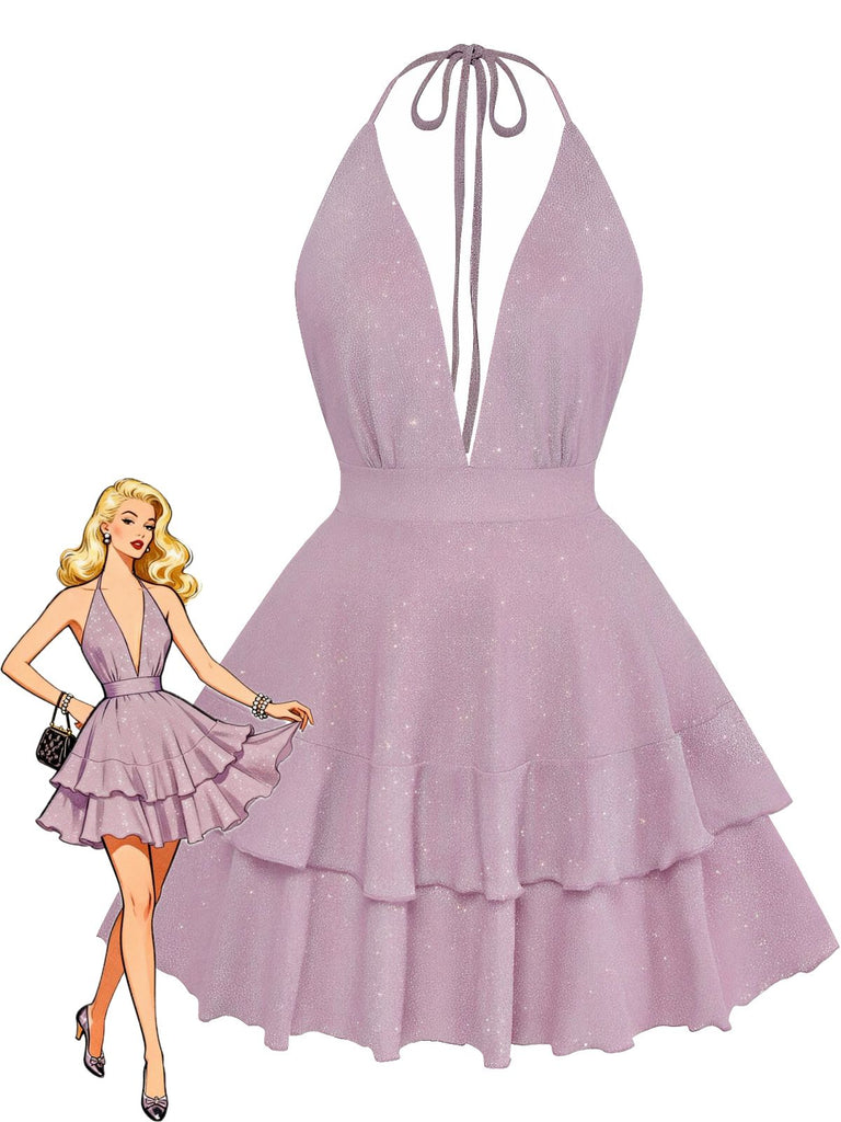 Robe lavande à volants superposés, portée par une femme sur fond blanc