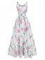 Robe longue blanche sans manches à col rond et imprimé floral années 1930