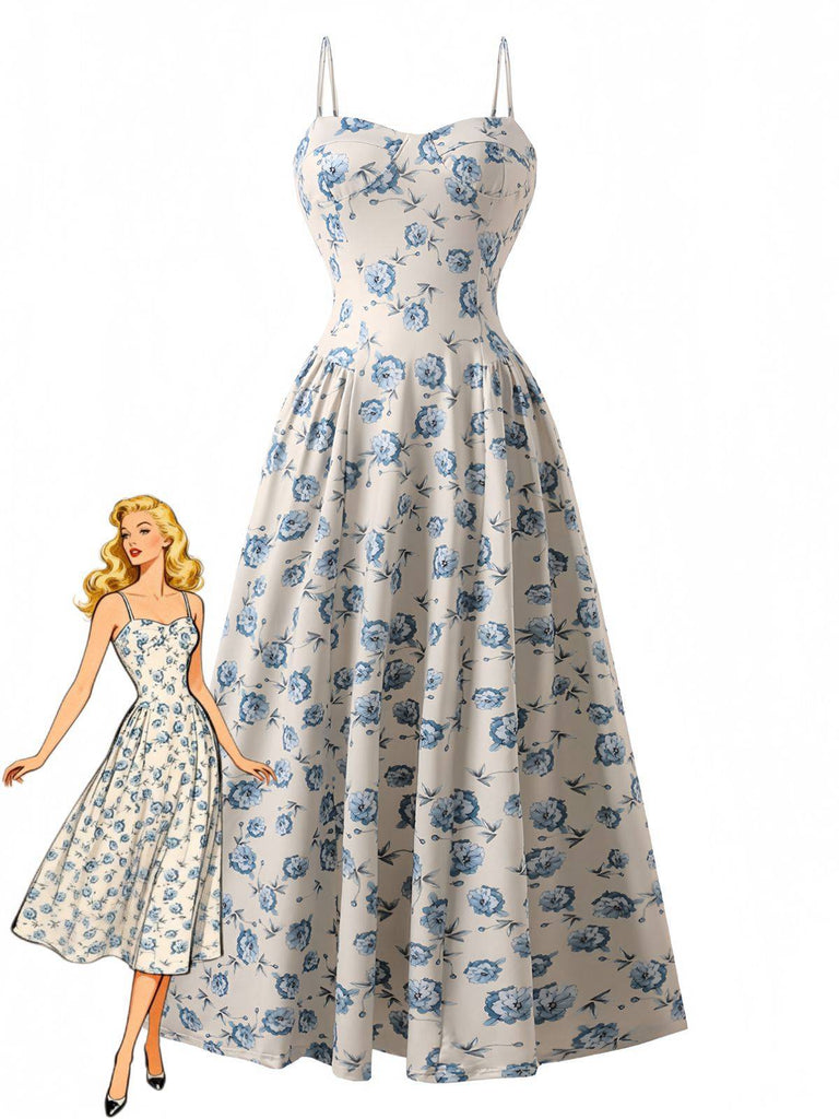 Robe longue bleue à fines bretelles et imprimé floral des années 1930