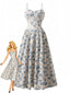 Robe longue bleue à fines bretelles et imprimé floral années 1930