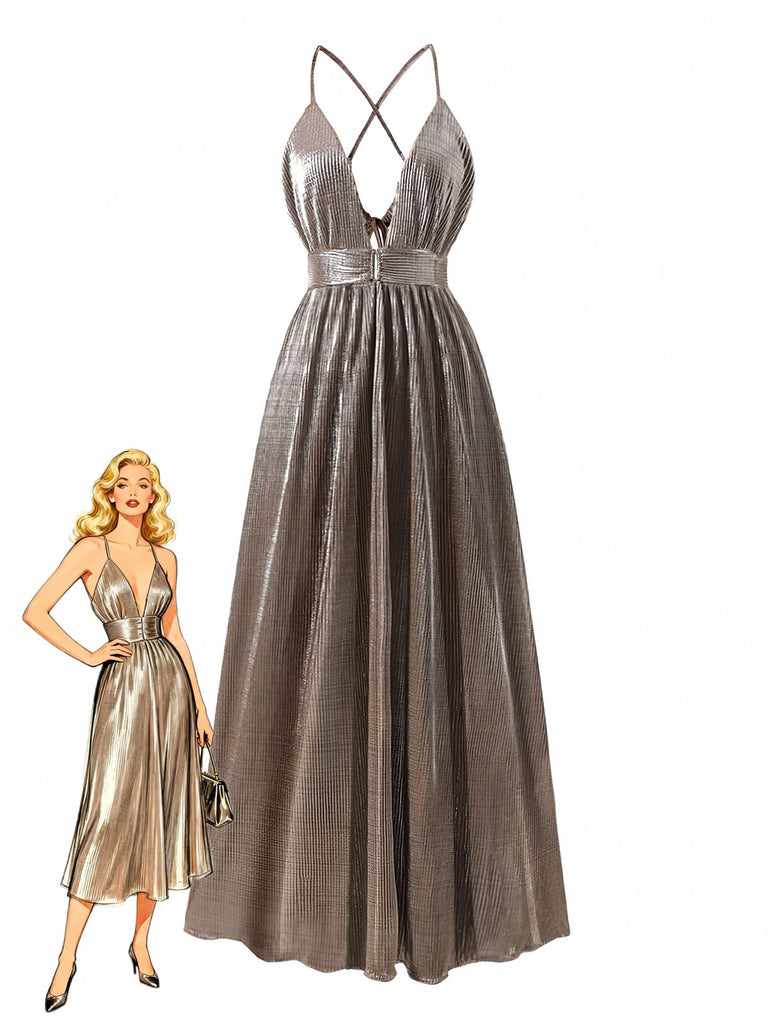 Robe longue glamour marron métallisée au design vintage des années 1930, avec un décolleté en V profond et des détails ajourés élégants, parfaite pour les événements sur le thème du Grand Gatsby et les soirées élégantes.