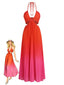 Robe longue rouge dégradée plissée dos nu et découpes années 1930