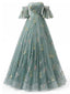 Robe longue tulle vert brodé fleurs épaules dénudées années 1930
