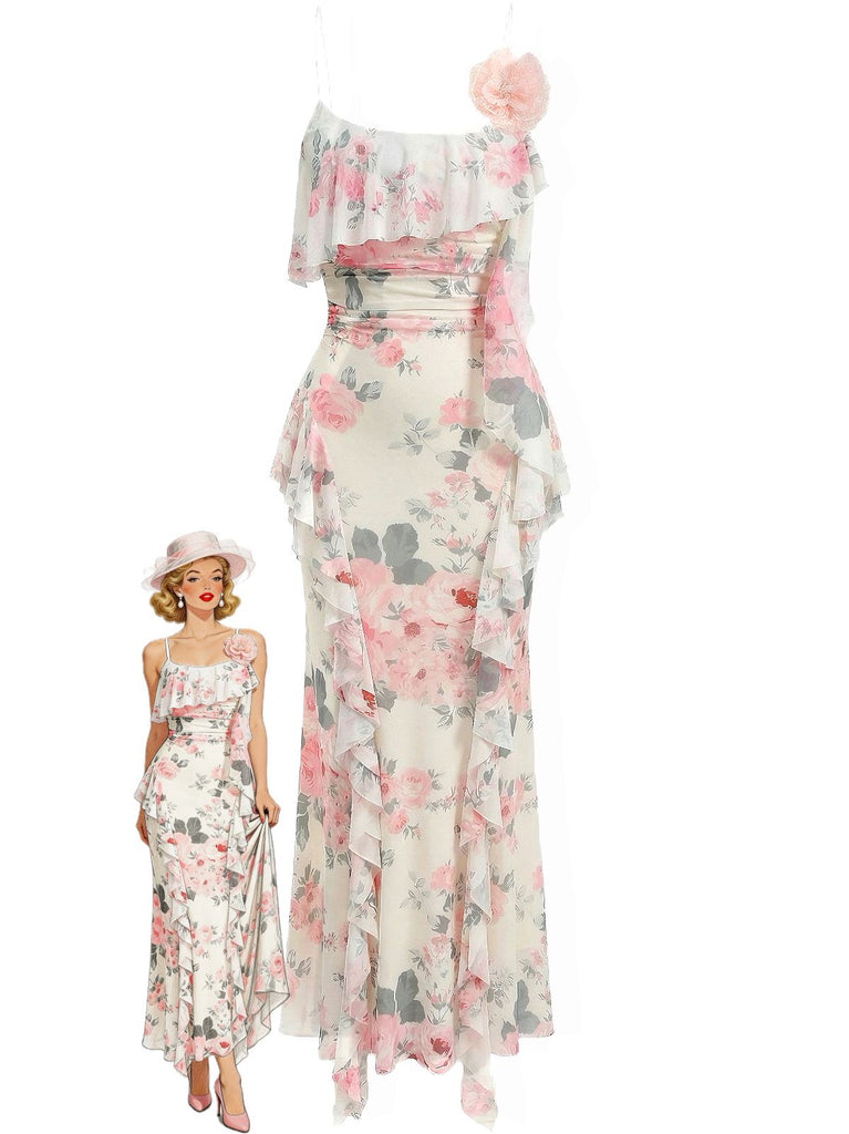 Une robe longue couleur crème ornée d'un imprimé floral romantique de roses roses, de fines bretelles spaghetti et d'un décolleté à volants, présentée avec une illustration de mode rétro.