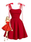 Robe rouge bretelles froncées nœud en résille 1950s