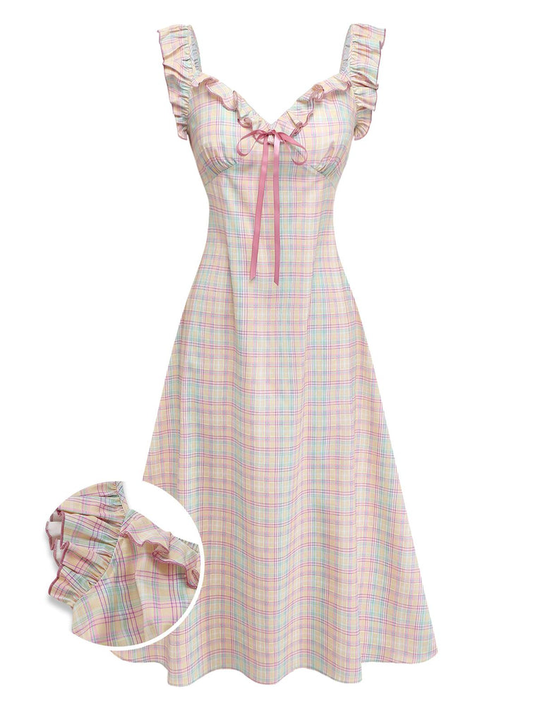 Robe trapèze à carreaux pastel avec nœuds à volants et décolleté en cœur pour un style vintage années 50