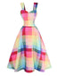 Robe trapèze larges bretelles carreaux colorés 1950s