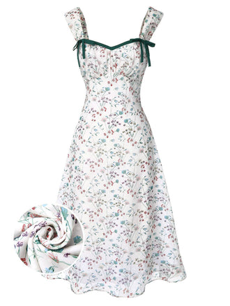 Robe à fleurs avec bretelles vertes sur fond blanc