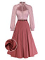 Robe rose poudré en coton à volants col en forme de goutte contrastée années 40