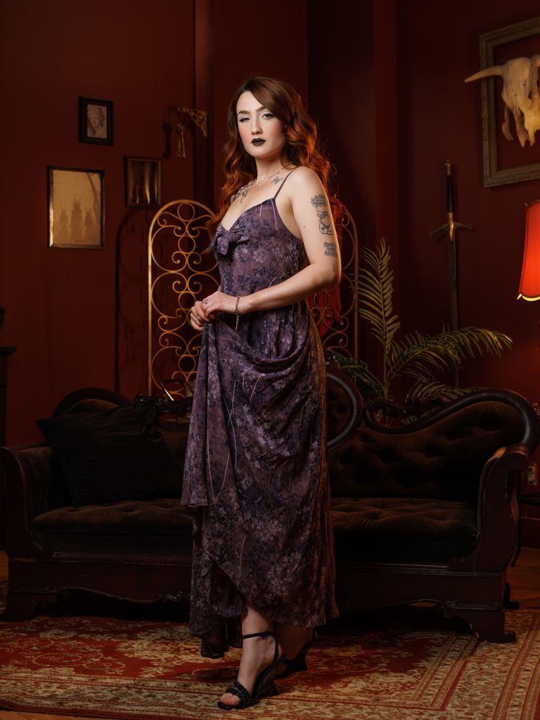 Robe Violet Slip Bohème Col V Fleurs Aquarelle Années 30