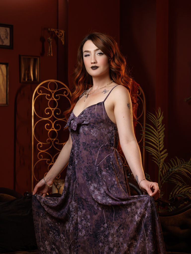 Robe Violet Slip Bohème Col V Fleurs Aquarelle Années 30
