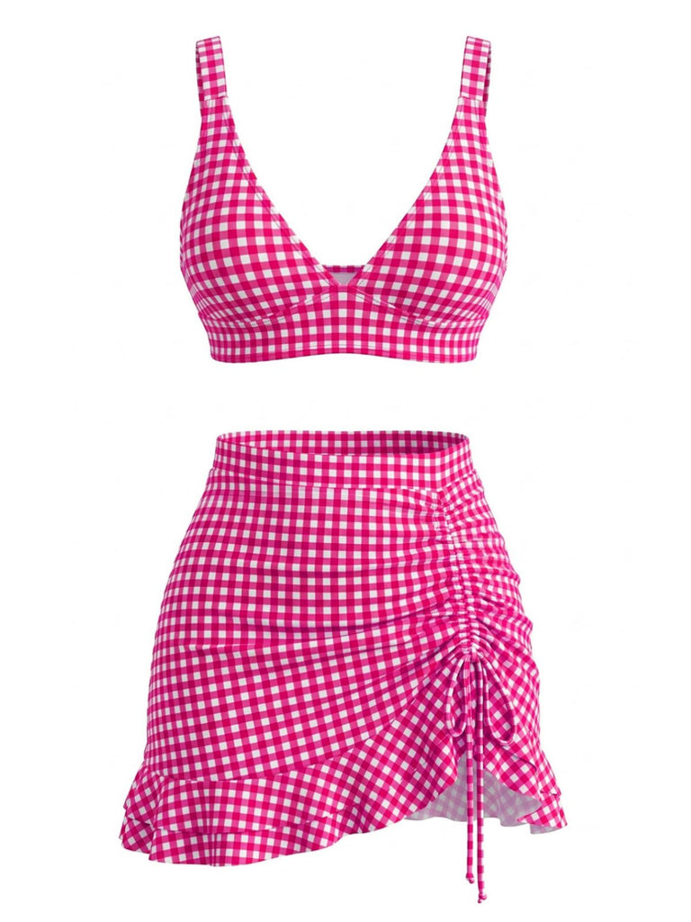 3PCS Ensemble tankini carreaux ourlet volanté et cordon serrage années 1950