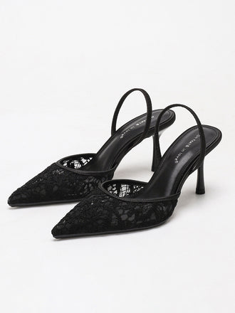 Vintage Noir Bout Pointu Dentelle Bride Arrière Escarpins