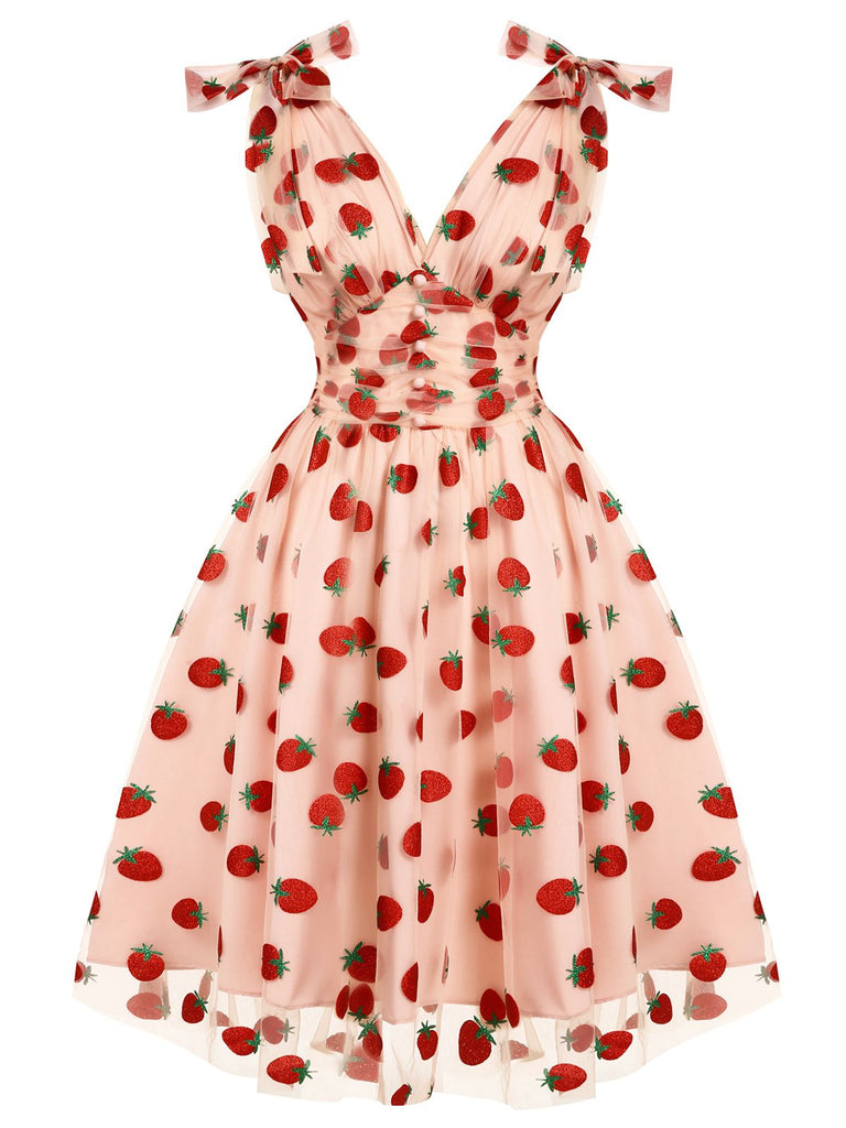 Robe trapèze noire en maille cerise des années 1950