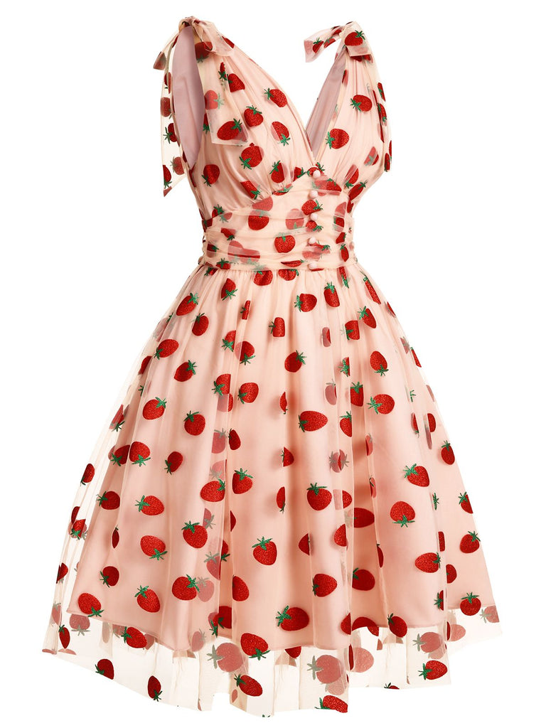 Robe trapèze noire en maille cerise des années 1950