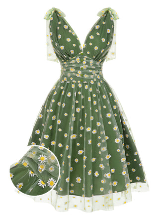 Robe trapèze verte en maille marguerite des années 1950