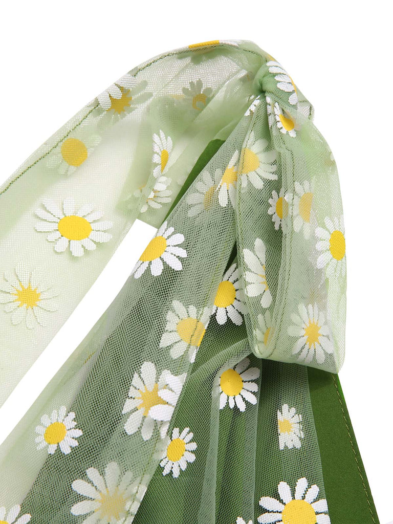 Robe trapèze verte en maille marguerite des années 1950