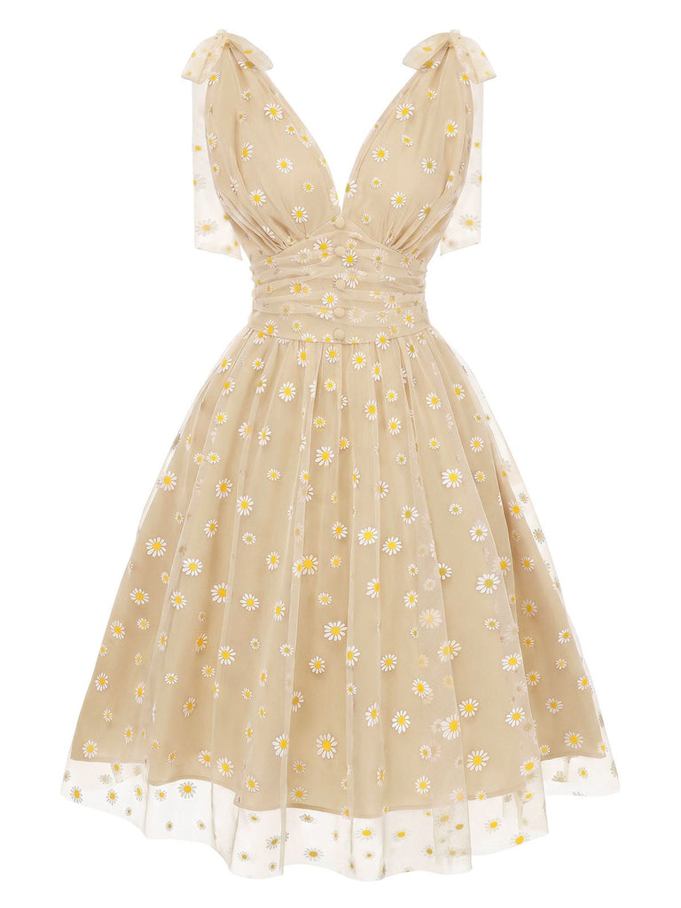 [Prévente] Robe Évasé Filet Marguerite Beige Années 1950