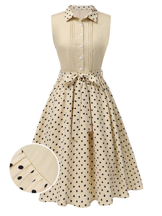 Robe chemise patchwork à pois en coton beige des années 1950