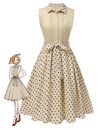 Robe chemise patchwork à pois en coton beige des années 1950
