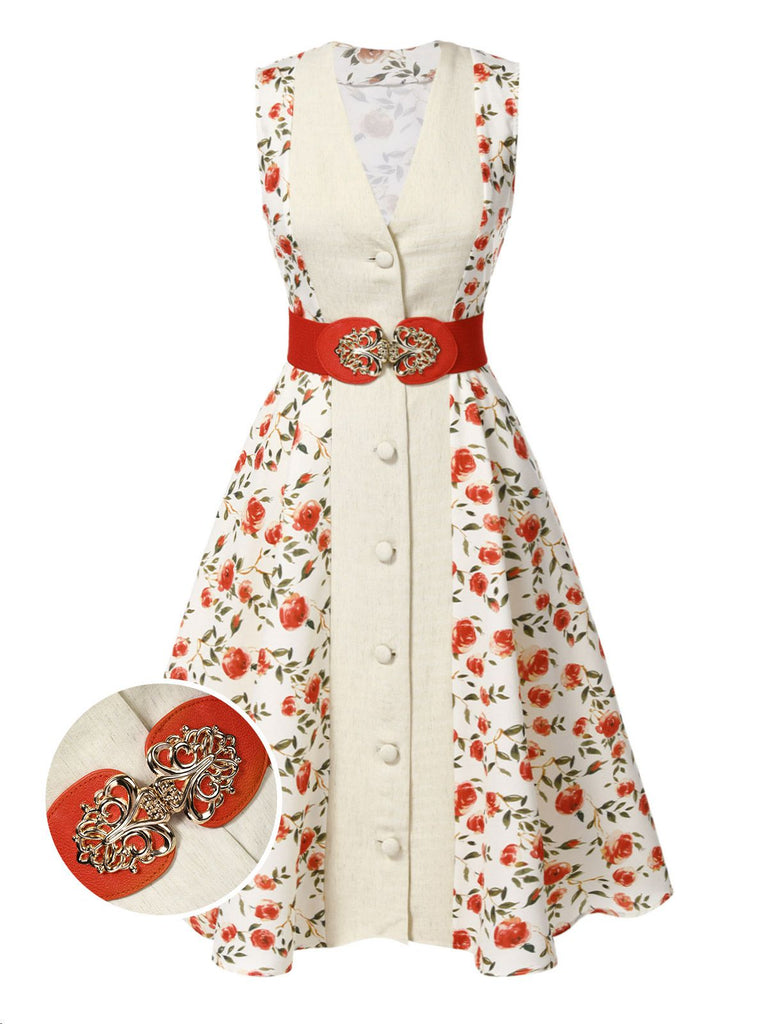 Robe ceinturée beige et rouge à motifs de roses peintes des années 1950