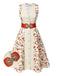 Robe ceinturée beige et rouge à motifs de roses peintes des années 1950