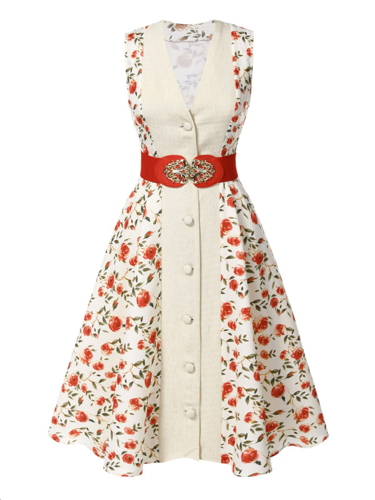 Robe ceinturée beige et rouge à motifs de roses peintes des années 1950