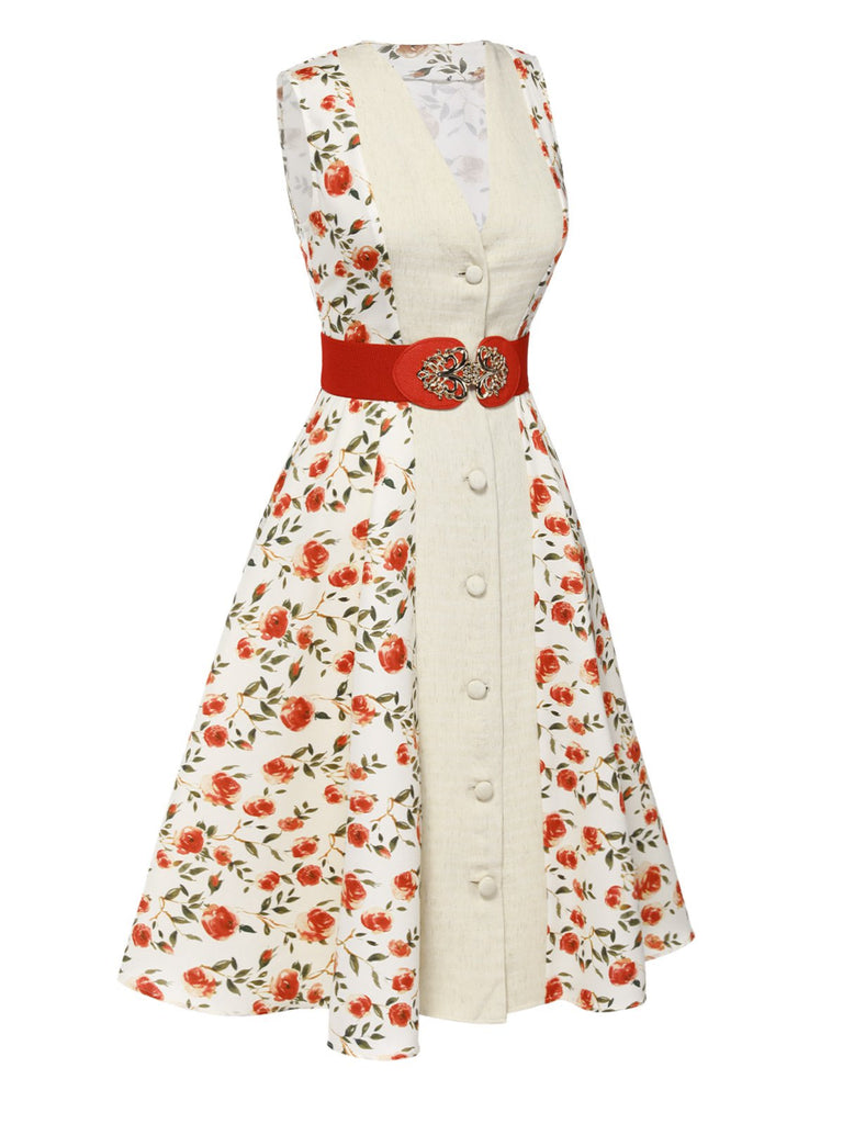 Robe ceinturée beige et rouge à motifs de roses peintes des années 1950